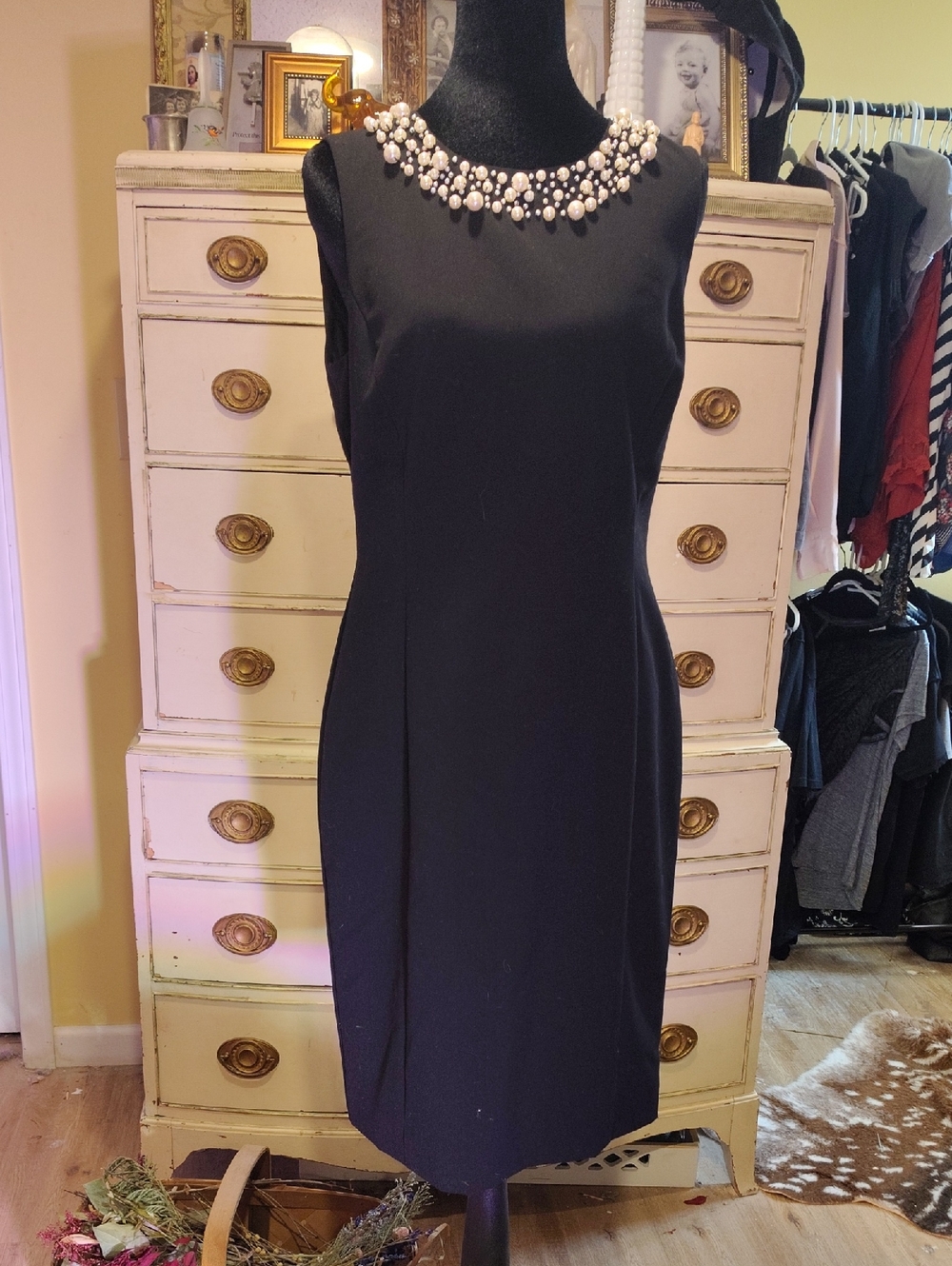 Calvin Klein Black Sleeveless Midi Dress with Pearl Collar